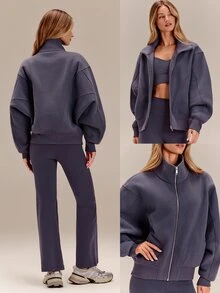 GLOWMODE Everyday Fleece Warmth Whisperer Soft Warm Lightweight Front Back Seam Detailing Pockets Batwing Sleeve High Neckline Full-Zip Jacket Casual - Purple - View 10