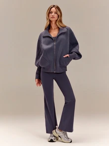 GLOWMODE Everyday Fleece Warmth Whisperer Soft Warm Lightweight Front Back Seam Detailing Pockets Batwing Sleeve High Neckline Full-Zip Jacket Casual - Purple - View 9