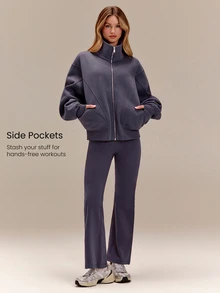 GLOWMODE Everyday Fleece Warmth Whisperer Soft Warm Lightweight Front Back Seam Detailing Pockets Batwing Sleeve High Neckline Full-Zip Jacket Casual - Purple - View 5