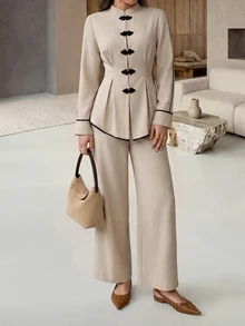 Rue Lumi Women's Casual Elegant Vintage New Chinese Style Frog Button Woven Solid Color Contrast Collar Long Sleeve Cinched Waist Blouse Pants 2 Pieces Set - Khaki - View 5