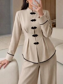 Rue Lumi Women's Casual Elegant Vintage New Chinese Style Frog Button Woven Solid Color Contrast Collar Long Sleeve Cinched Waist Blouse Pants 2 Pieces Set - Khaki - View 2