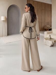 Rue Lumi Women's Casual Elegant Vintage New Chinese Style Frog Button Woven Solid Color Contrast Collar Long Sleeve Cinched Waist Blouse Pants 2 Pieces Set - Khaki - View 3