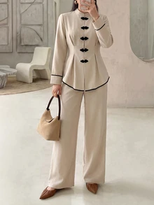Rue Lumi Women's Casual Elegant Vintage New Chinese Style Frog Button Woven Solid Color Contrast Collar Long Sleeve Cinched Waist Blouse Pants 2 Pieces Set - Khaki - View 7