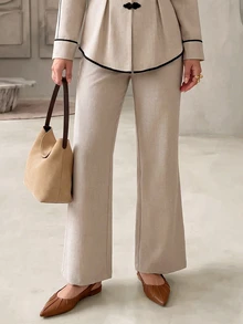 Rue Lumi Women's Casual Elegant Vintage New Chinese Style Frog Button Woven Solid Color Contrast Collar Long Sleeve Cinched Waist Blouse Pants 2 Pieces Set - Khaki - View 6