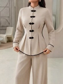 Rue Lumi Women's Casual Elegant Vintage New Chinese Style Frog Button Woven Solid Color Contrast Collar Long Sleeve Cinched Waist Blouse Pants 2 Pieces Set - Khaki - View 4