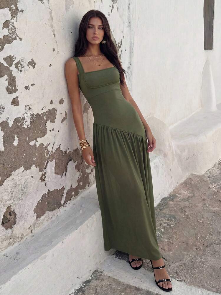 SHEIN PETITE Gaun Patchwork Tanpa Punggung Warna Hijau dengan Leher Persegi untuk Wanita Bertubuh Mungil - Hijau Tentara - View 4