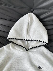 SHEIN 青少年女孩灰色連帽套頭衛衣，黑色波浪邊飾，秋冬校園日常穿搭，畢業舞會休閒街頭風 - 灰色 - 查看 8