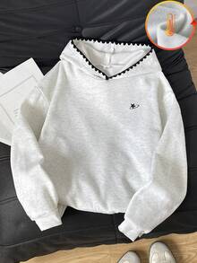 SHEIN 青少年女孩灰色連帽套頭衛衣，黑色波浪邊飾，秋冬校園日常穿搭，畢業舞會休閒街頭風 - 灰色 - 查看 3