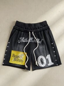 LOONEY TUNES X SHEIN Men's Letter Print Drawstring Waist Slant Pocket Casual Shorts - Black - View 1