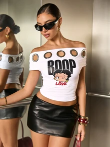 Betty Boop x SHEIN Women's Cartoon Print Eyelet Off-Shoulder T-Shirt - White - View 4