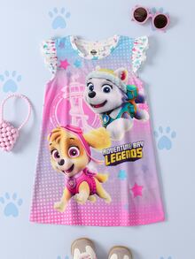 SHEIN | PAW Patrol Young Girl Cartoon Print Round Neck Flutter Sleeve Cute Dress - Pink - View 3