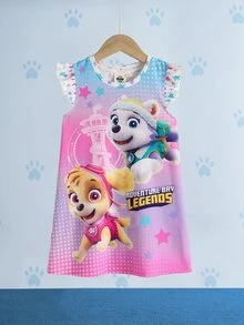 SHEIN | PAW Patrol Young Girl Cartoon Print Round Neck Flutter Sleeve Cute Dress - Pink - View 1