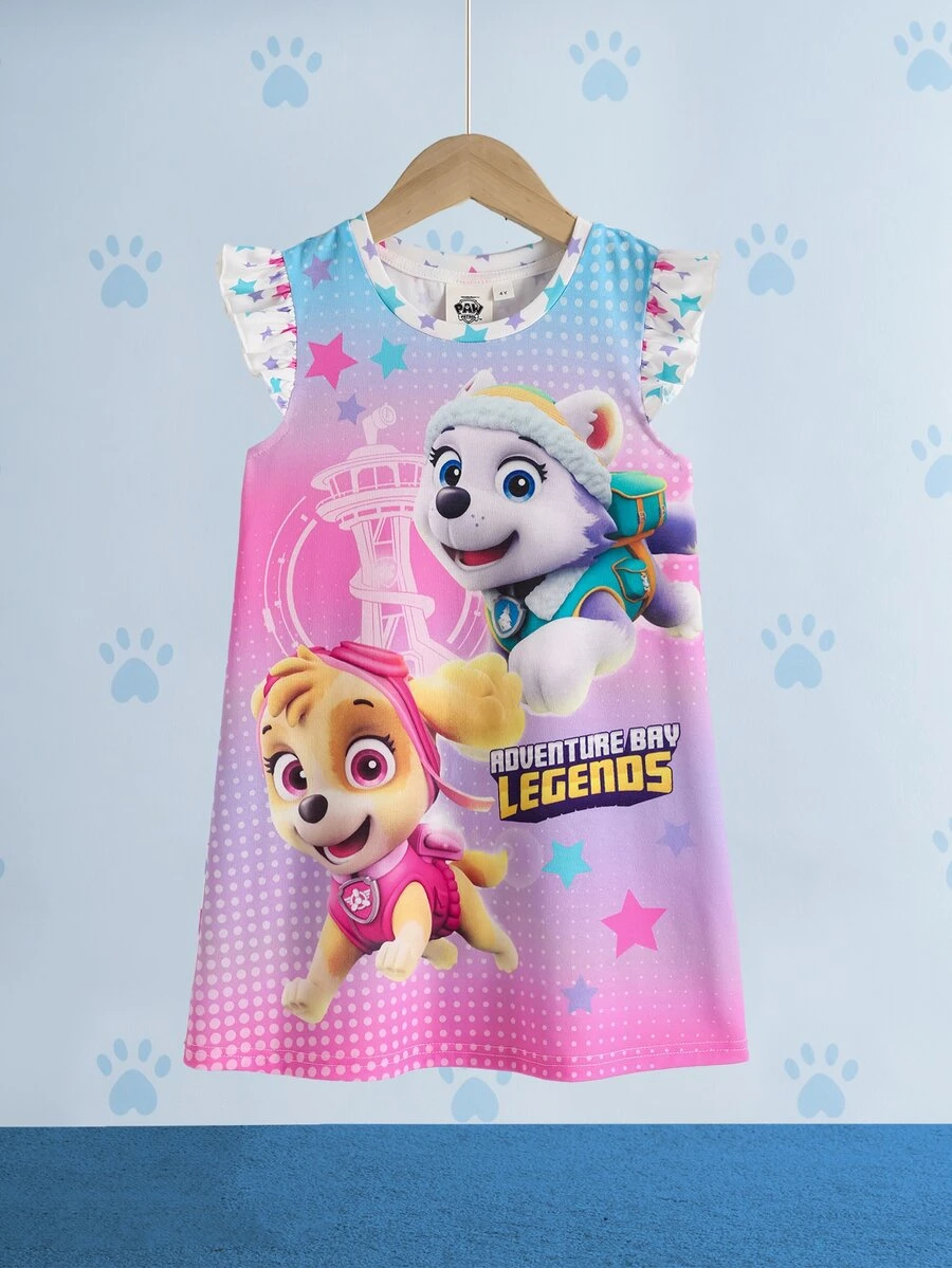 SHEIN | PAW Patrol Young Girl Cartoon Print Round Neck Flutter Sleeve Cute Dress - Pink - View 1