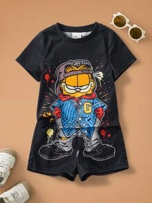 GARFIELD | SHEIN Baby Boy Cartoon Pattern Short Sleeve T-Shirt And Shorts Casual Daily Outfit - Black - View 1