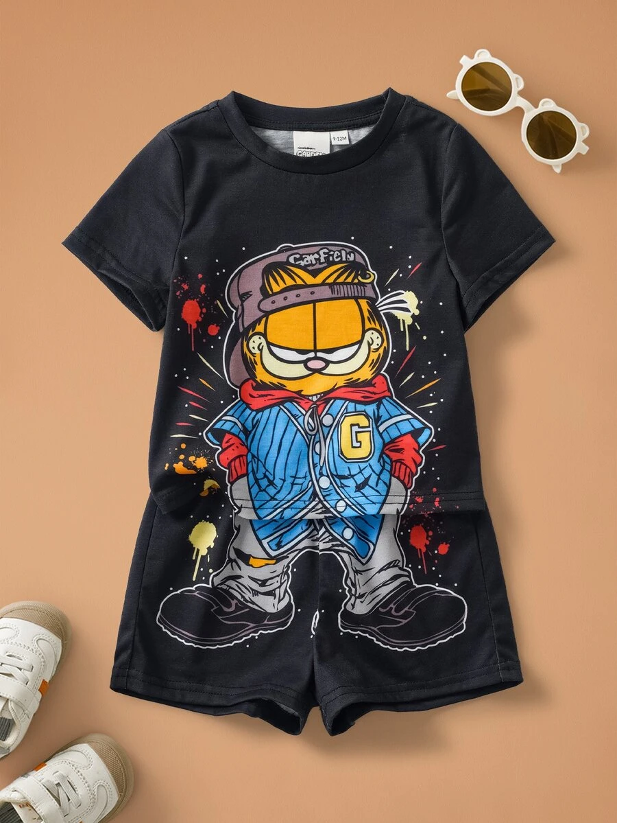 GARFIELD | SHEIN Baby Boy Cartoon Pattern Short Sleeve T-Shirt And Shorts Casual Daily Outfit - Black - View 1