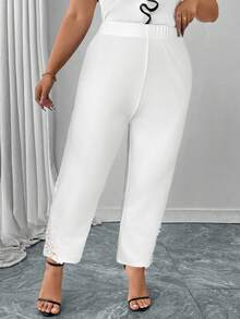Reflora Plus Size Women Elegant Commuter Solid Color Lace Patchwork Pants - White - View 7