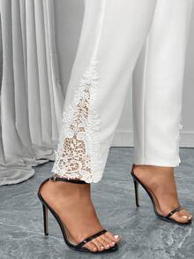 Reflora Plus Size Women Elegant Commuter Solid Color Lace Patchwork Pants - White - View 8