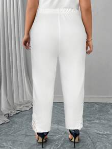 Reflora Plus Size Women Elegant Commuter Solid Color Lace Patchwork Pants - White - View 3