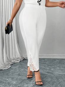 Reflora Plus Size Women Elegant Commuter Solid Color Lace Patchwork Pants - White - View 4