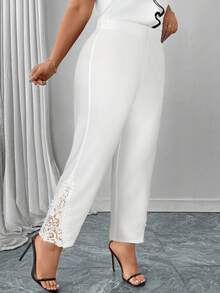 Reflora Plus Size Women Elegant Commuter Solid Color Lace Patchwork Pants - White - View 5