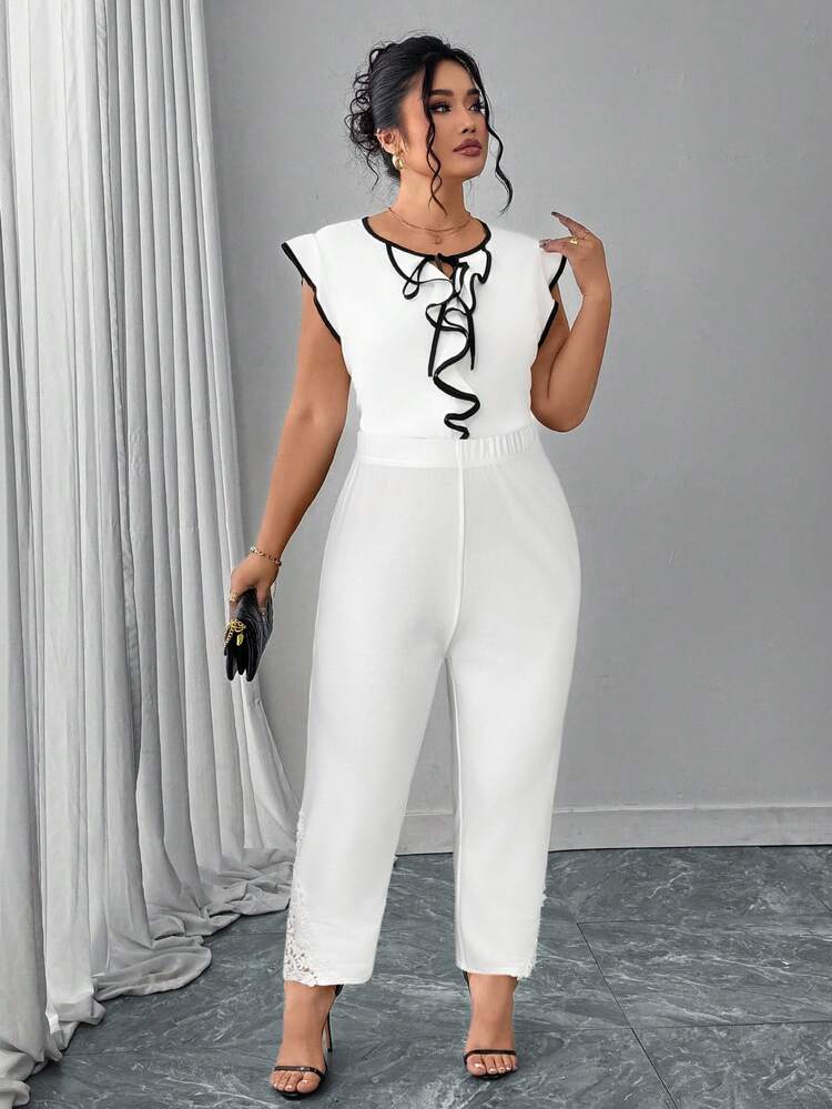 Reflora Plus Size Women Elegant Commuter Solid Color Lace Patchwork Pants - White - View 5