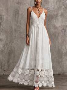 Breezaya Plus Size Casual Vacation Shirred Spaghetti Strap Lace Patchwork Cinched Waist Flared Hem Dress - White - View 5