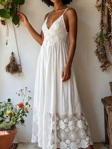 Breezaya Plus Size Casual Vacation Shirred Spaghetti Strap Lace Patchwork Cinched Waist Flared Hem Dress - White - View 6