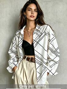 Trelyra High-End Feeling Black And White Geometric Line Print Collared Shirt For Women, Autumn Elegant Commuter Slim-Fit Long Sleeve Shirt - Multicolor - View 3
