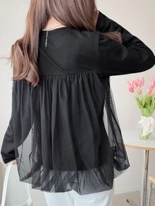 FRIFUL Women's Solid Color Round Neck Long Sleeve Mesh Patchwork Casual T-Shirt - Black - View 2