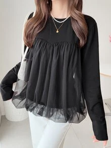 FRIFUL Women's Solid Color Round Neck Long Sleeve Mesh Patchwork Casual T-Shirt - Black - View 5