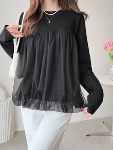 FRIFUL Women's Solid Color Round Neck Long Sleeve Mesh Patchwork Casual T-Shirt - Black - View 4