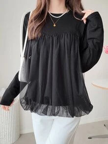 FRIFUL Women's Solid Color Round Neck Long Sleeve Mesh Patchwork Casual T-Shirt - Black - View 8