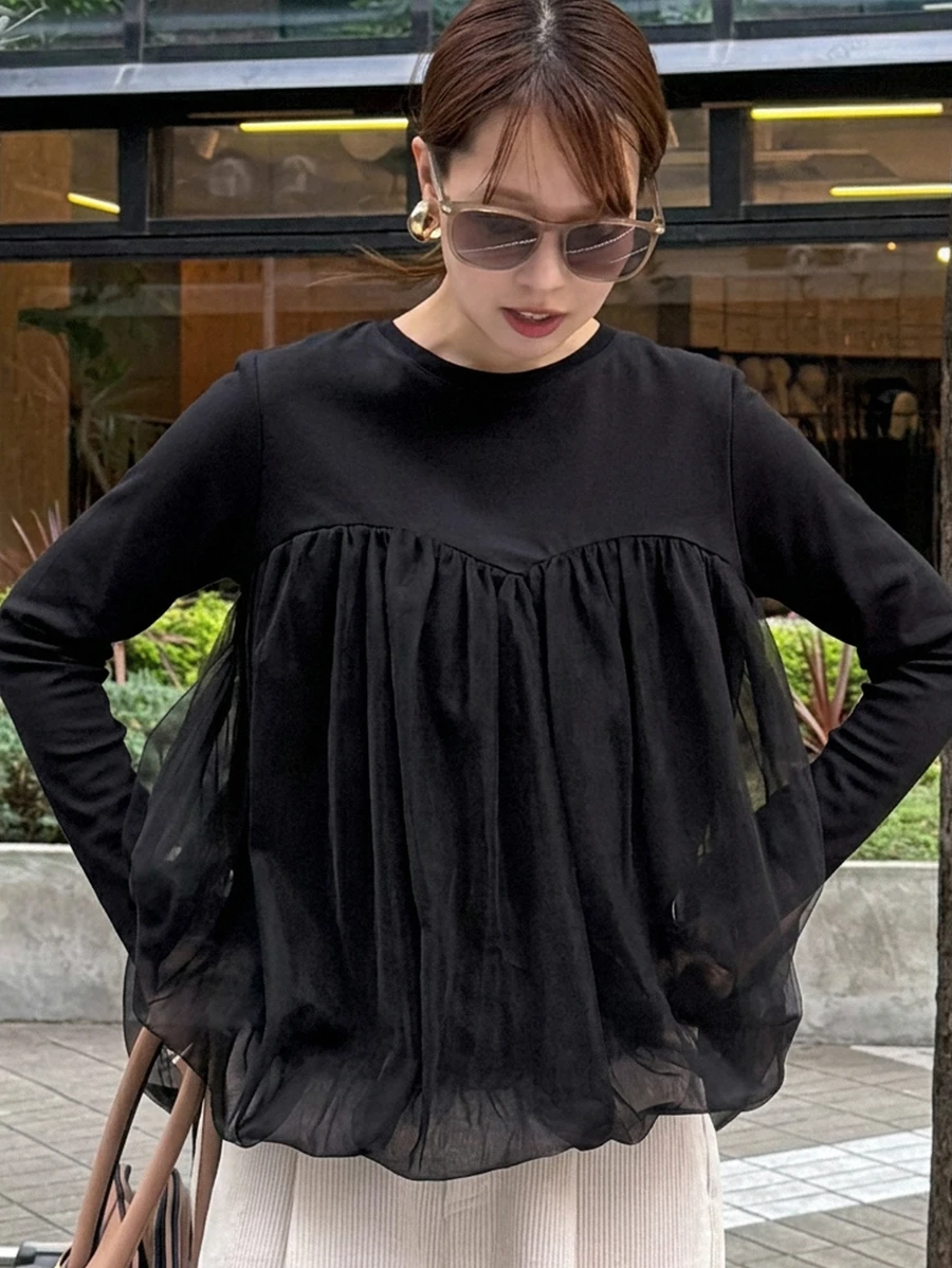 FRIFUL Women's Solid Color Round Neck Long Sleeve Mesh Patchwork Casual T-Shirt - Black - View 1