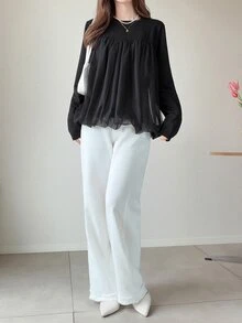 FRIFUL Women's Solid Color Round Neck Long Sleeve Mesh Patchwork Casual T-Shirt - Black - View 7