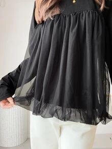 FRIFUL Women's Solid Color Round Neck Long Sleeve Mesh Patchwork Casual T-Shirt - Black - View 6