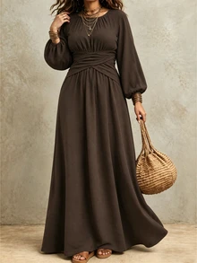Weeklong Plus Size Dark Brown Textured Bohemian Boho Elegant Nomad Style Commuter Casual Waist Cross Tie Design Round Neck Corduroy Maxi Dress Vacation Autumn - Brown - View 5