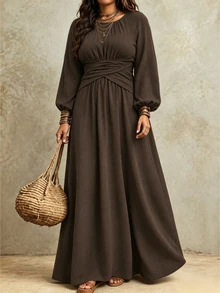 Weeklong Plus Size Dark Brown Textured Bohemian Boho Elegant Nomad Style Commuter Casual Waist Cross Tie Design Round Neck Corduroy Maxi Dress Vacation Autumn - Brown - View 1
