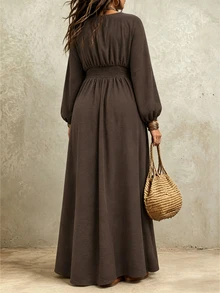 Weeklong Plus Size Dark Brown Textured Bohemian Boho Elegant Nomad Style Commuter Casual Waist Cross Tie Design Round Neck Corduroy Maxi Dress Vacation Autumn - Brown - View 2