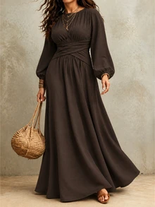 Weeklong Plus Size Dark Brown Textured Bohemian Boho Elegant Nomad Style Commuter Casual Waist Cross Tie Design Round Neck Corduroy Maxi Dress Vacation Autumn - Brown - View 4