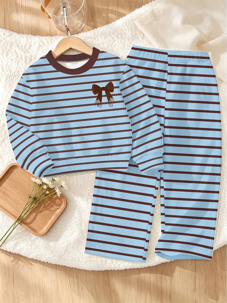 Young Girls 2 Pcs Fall Outfits Striped Bow Decor Long Sleeve Crew Neck Sweatshirt & Wide Leg Pants , Fall Clothes Winter - Multicolor - View 5