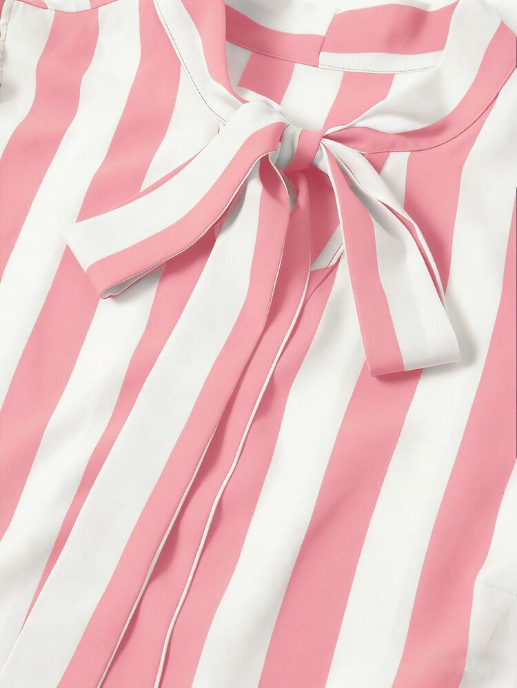 DreamSkyne Pink Summer Cute School Back-To-School Plus Size Women's Striped Ruffle Tie Bow Blouse&Retro French Metal Button High Waist Wide Leg Pants Suspender - Pink - View 9