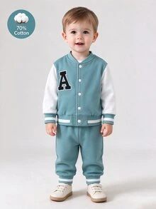 SHEIN 幼童男童字母 A 圖案大學風夾克外套與純色抓絨內裡慢跑長褲秋冬兩件套服裝 - 青碧色 - 查看 6