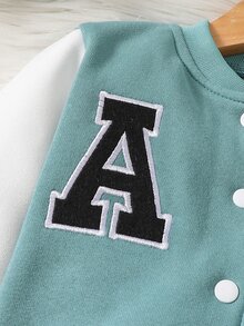 SHEIN 幼童男童字母 A 圖案大學風夾克外套與純色抓絨內裡慢跑長褲秋冬兩件套服裝 - 青碧色 - 查看 3