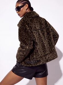Aveloria GENKIRA Autumn/Winter Coffee Black Color Block Leopard Brown Faux Fur Patchwork PU Leather Motorcycle Jacket Women's Coat Nightout Streetwear - Brown - View 7