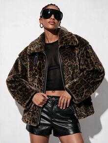 Aveloria GENKIRA Autumn/Winter Coffee Black Color Block Leopard Brown Faux Fur Patchwork PU Leather Motorcycle Jacket Women's Coat Nightout Streetwear - Brown - View 2