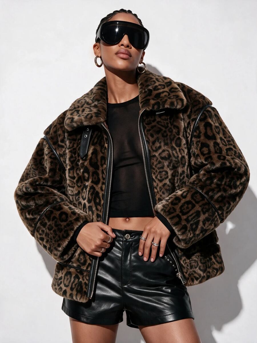 Aveloria GENKIRA Autumn/Winter Coffee Black Color Block Leopard Brown Faux Fur Patchwork PU Leather Motorcycle Jacket Women's Coat Nightout Streetwear