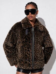 Aveloria GENKIRA Autumn/Winter Coffee Black Color Block Leopard Brown Faux Fur Patchwork PU Leather Motorcycle Jacket Women's Coat Nightout Streetwear - Brown - View 8