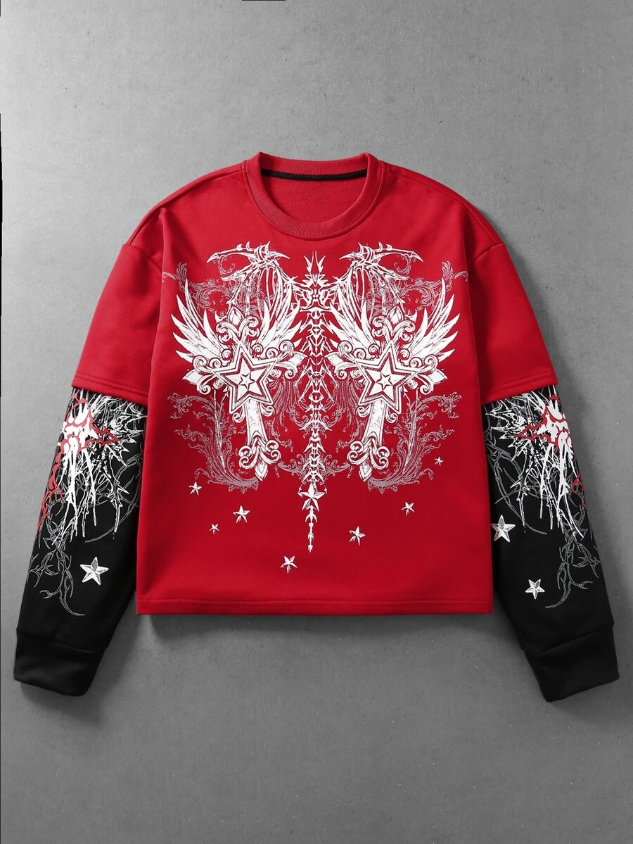 ROMWE MEN Men's Pentagram Print Crew Neck Long Sleeve Colorblock T-Shirt - Red - View 1