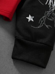 ROMWE MEN Men's Pentagram Print Crew Neck Long Sleeve Colorblock T-Shirt - Red - View 4