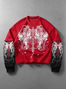 ROMWE MEN Men's Pentagram Print Crew Neck Long Sleeve Colorblock T-Shirt - Red - View 3